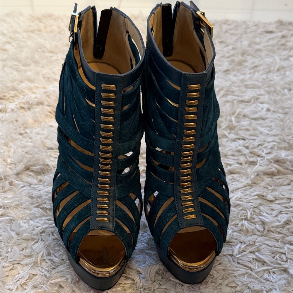Christian Louboutin Teal and Gold Heeled Boots